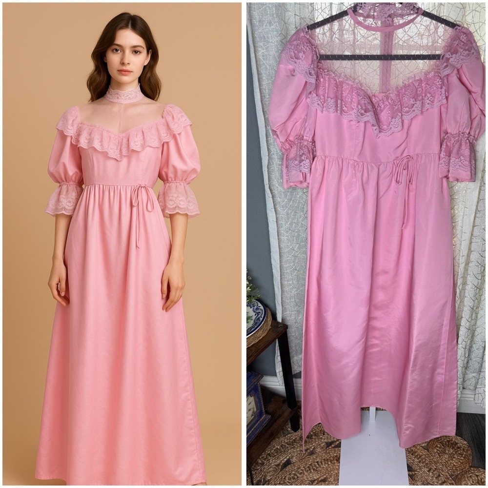 Vintage Pink Lace Maxi Gown Women's Puff Sleeve Satin‎ Nightgown Style